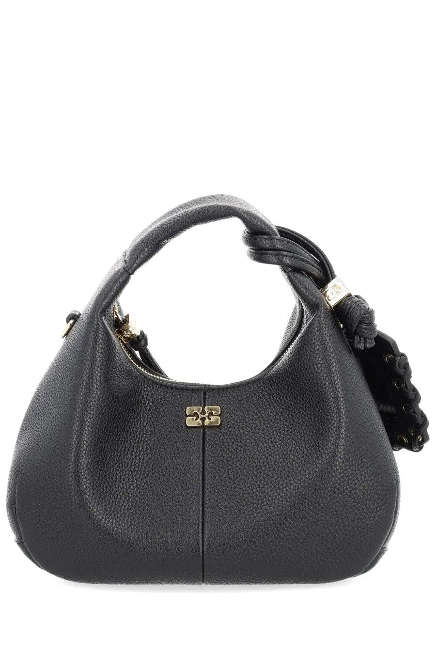 Ganni women’s borsa hobo small black leather bag with pebbled texture gold-tone logo clasp and braided handle detail