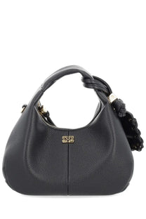 Ganni women’s borsa hobo small black leather bag with pebbled texture gold-tone logo clasp and braided handle detail