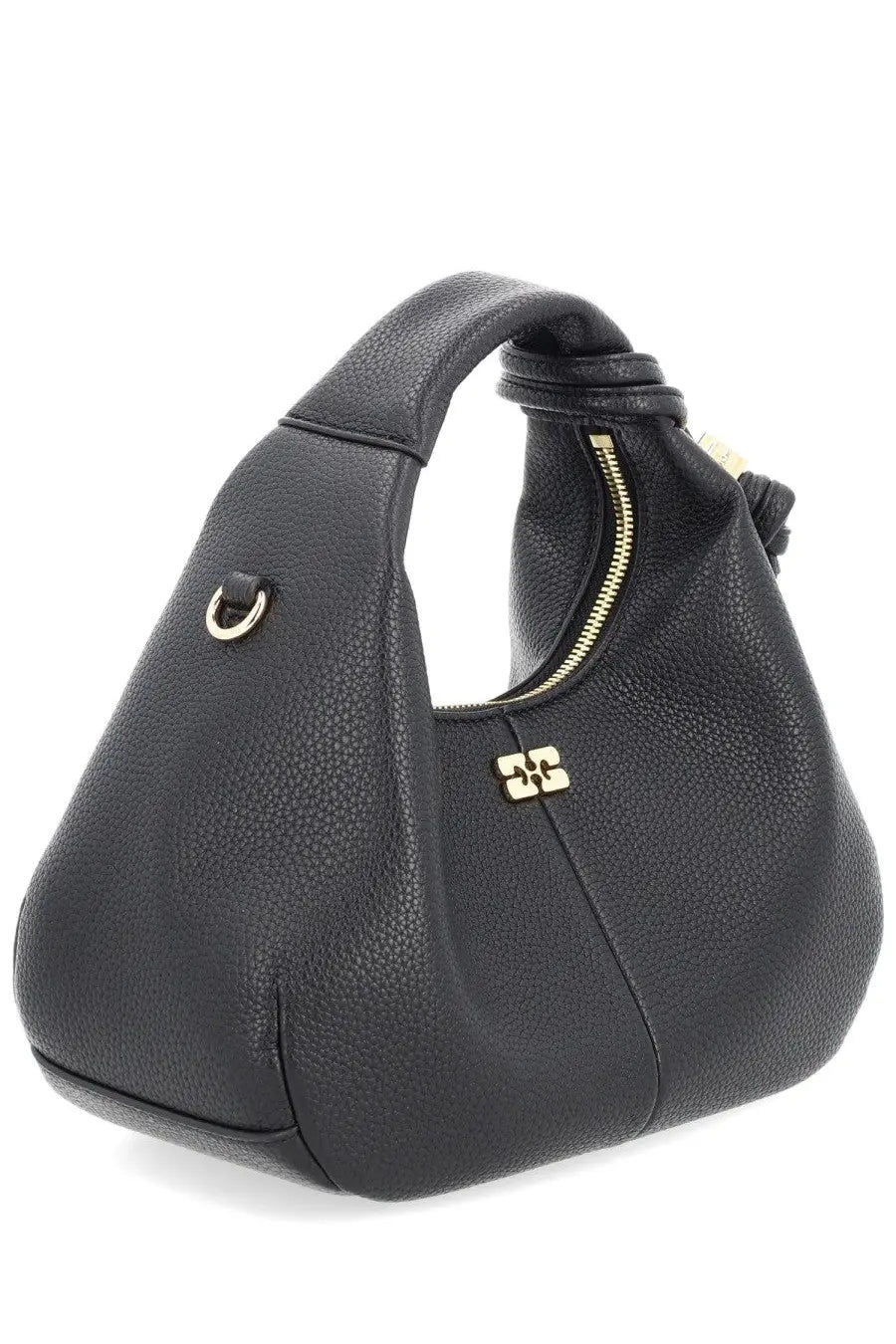 Ganni women’s borsa hobo small black leather bag with gold-tone hardware and tassel detail in pebbled texture