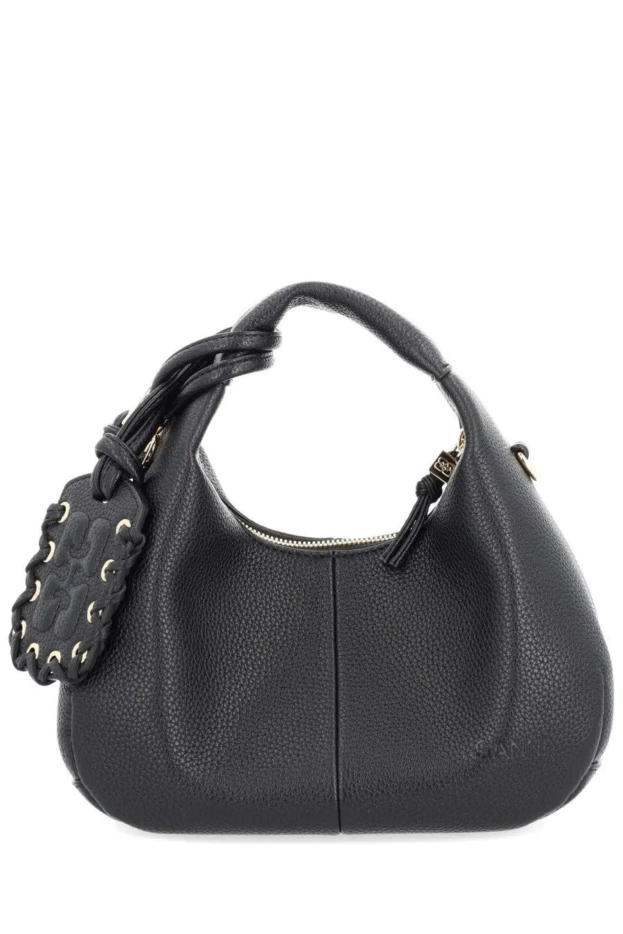 Ganni women’s borsa hobo small black pebbled leather bag with braided handle and intrecciato tag