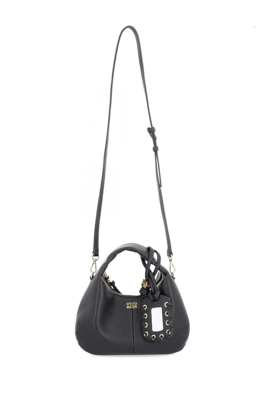 Ganni women’s borsa hobo small black crossbody bag in black pebbled leather with gold-tone hardware and braided strap detail