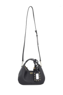 Ganni women’s borsa hobo small black crossbody bag in black pebbled leather with gold-tone hardware and braided strap detail