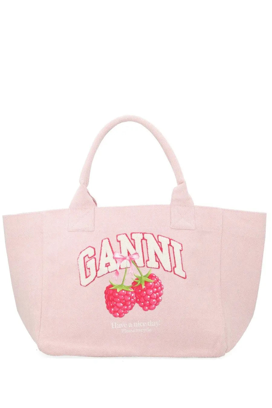 Pink canvas tote bag with bold ganini logo raspberry graphics and have a nice day print from Ganni Women’s Borsa Raspberry Medium Blue