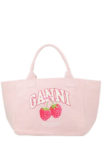 Pink canvas tote bag with bold ganini logo raspberry graphics and have a nice day print from Ganni Women’s Borsa Raspberry Medium Blue
