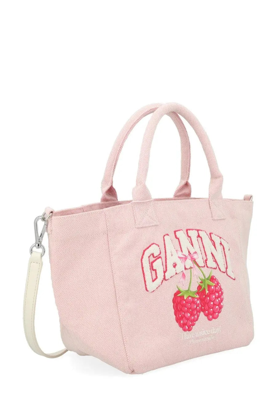 Pink canvas Ganni women’s borsa raspberry small tote bag with embroidered ganini lettering and detachable cream strap