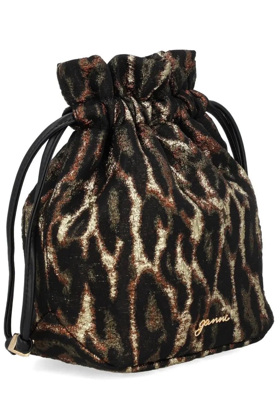 Ganni women’s bou bucket bag bronze black and gold leopard print with shimmering textured fabric and drawstring closure
