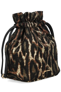 Ganni women’s bou bucket bag bronze black and gold leopard print with shimmering textured fabric and drawstring closure