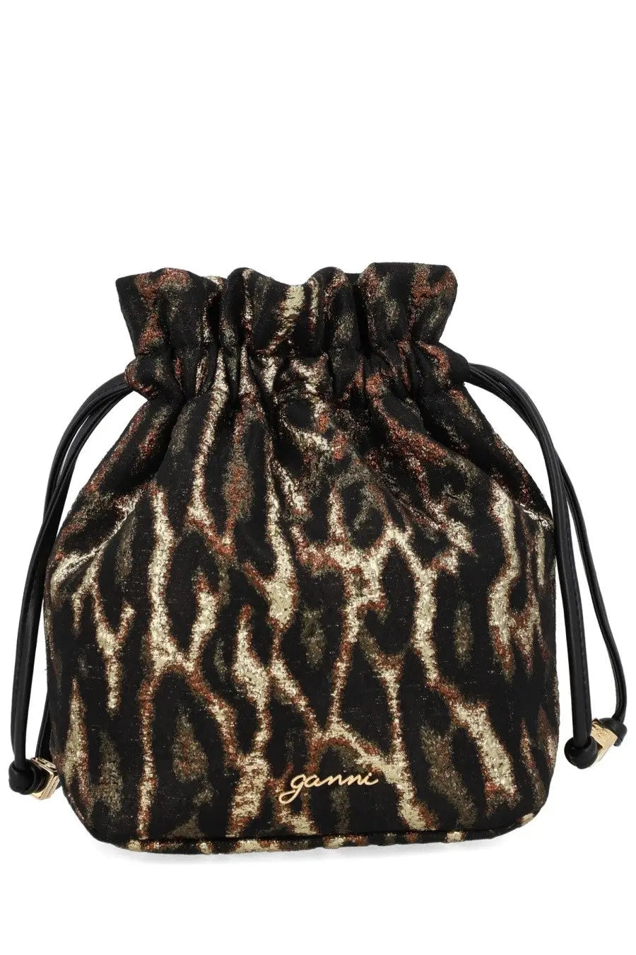 Ganni women’s bou bucket bag bronze featuring a black and gold leopard-print velvet drawstring pouch with ganni logo embroidery