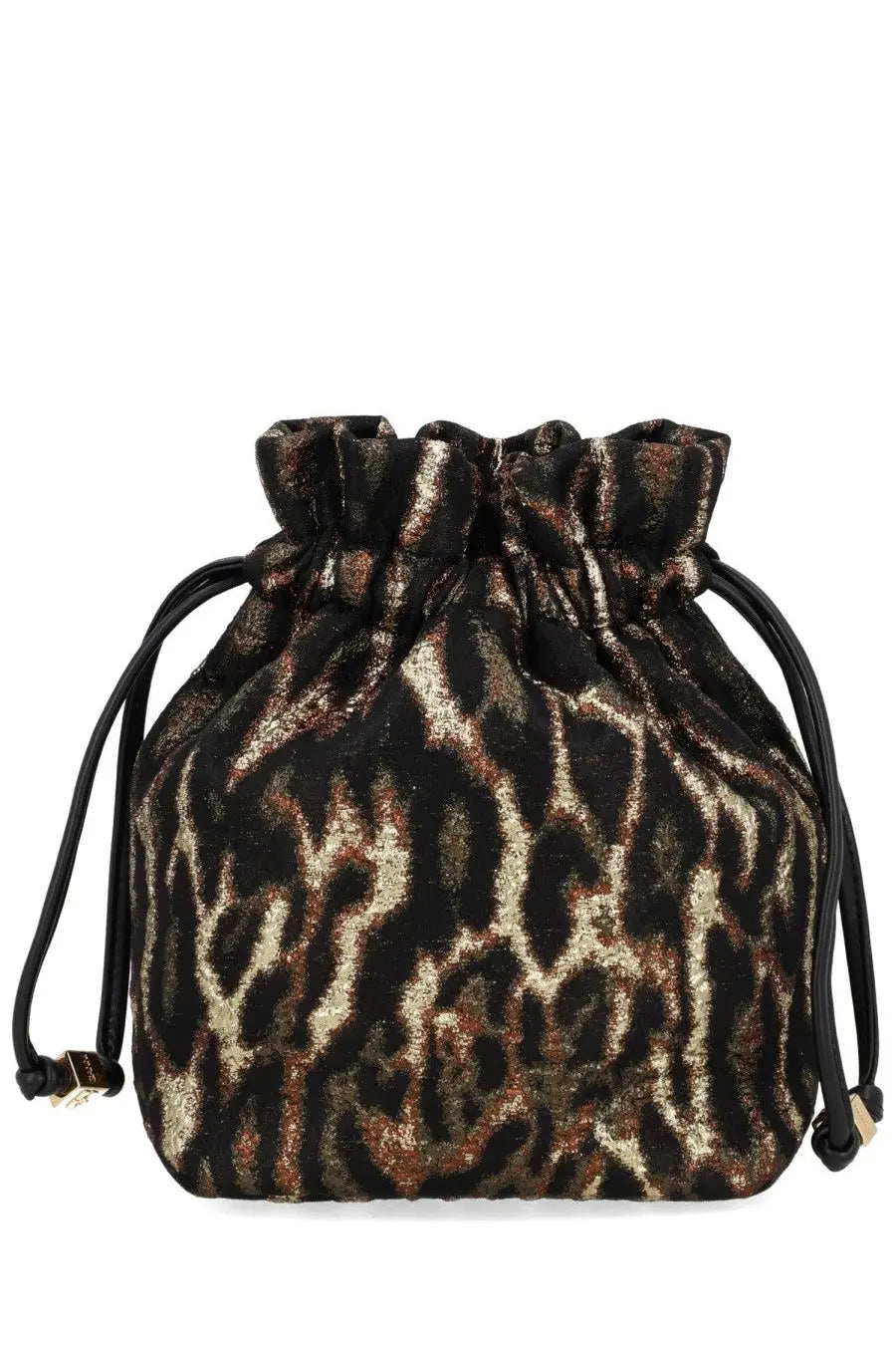 Ganni womens bou bucket bag bronze with black and gold leopard-print velvet and black leather drawstring straps