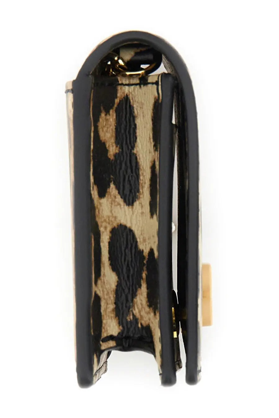 Ganni women’s bou card holder keychain in black and tan leopard-print leather with gold-tone metal hardware