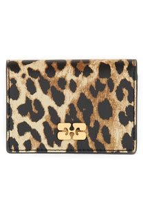 Ganni womens bou card holder in leopard print with gold-tone logo clasp and leather material