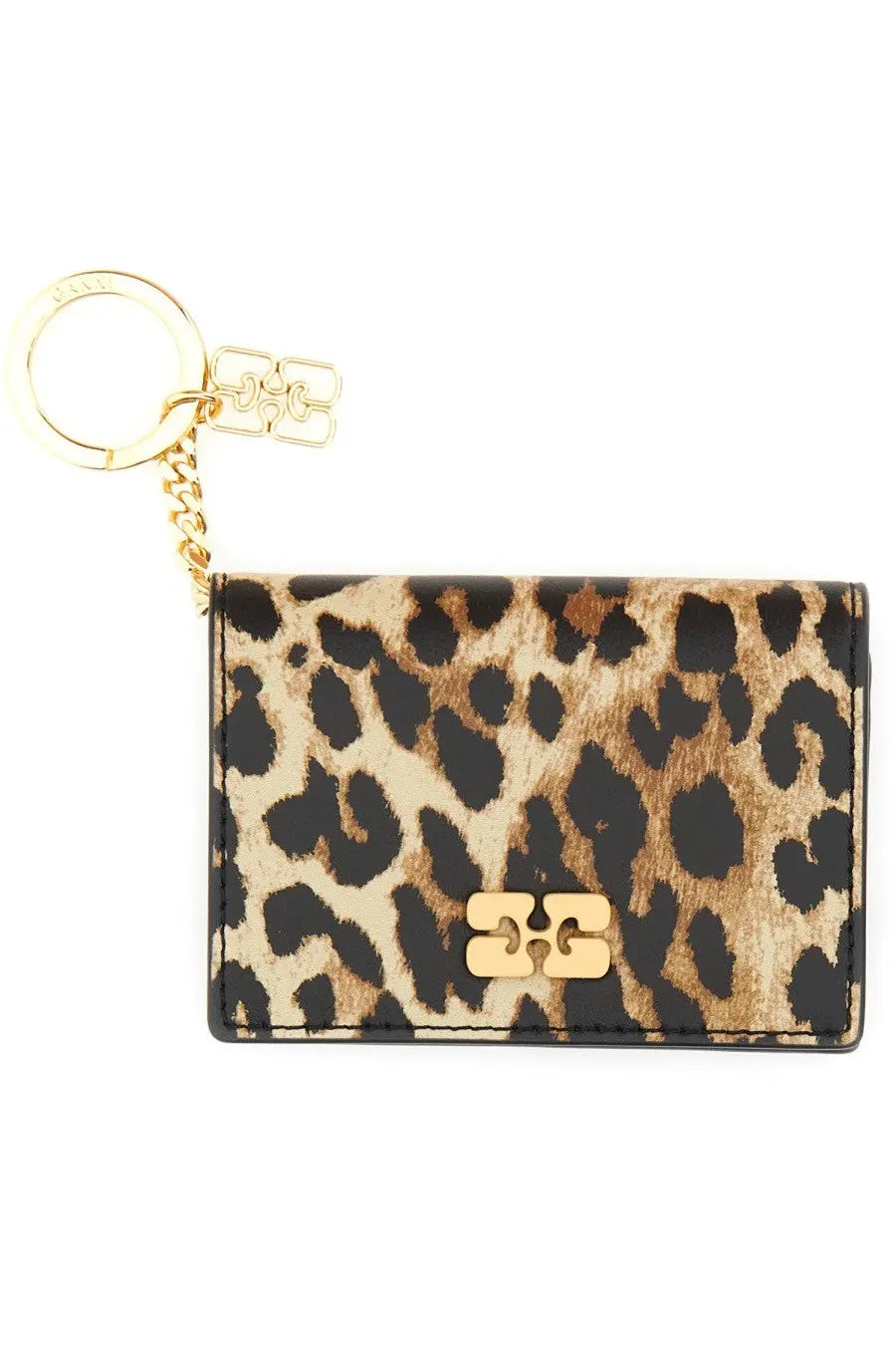 Leopard-print keychain wallet with gold-tone hardware and chain ganni women’s bou card holder pattern