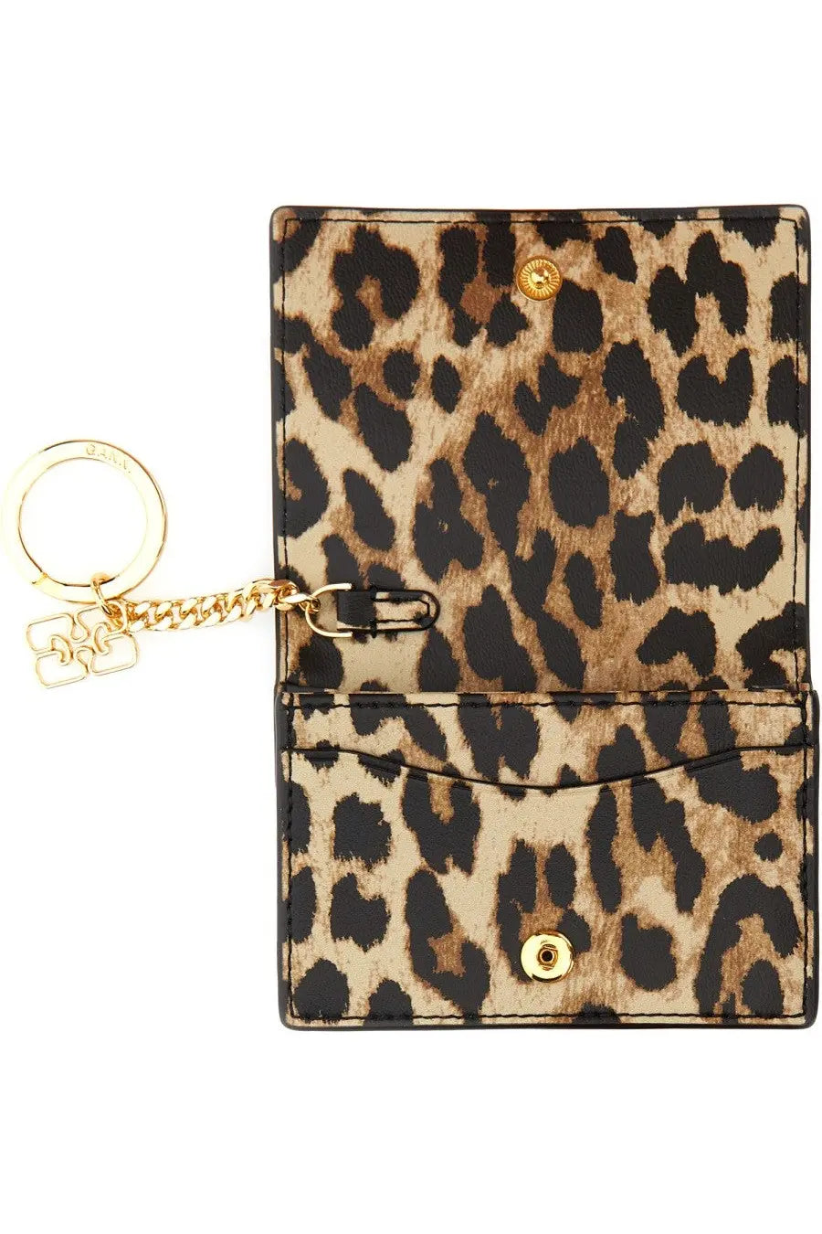 Ganni women’s bou card holder leopard print mini wallet with gold-tone hardware and keychain attachment