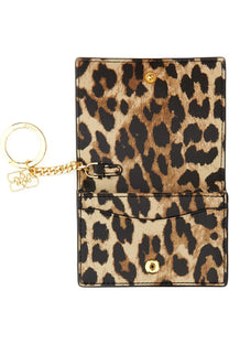 Ganni women’s bou card holder leopard print mini wallet with gold-tone hardware and keychain attachment