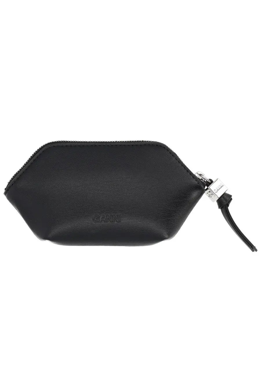 Black Ganni women’s bou coin purse with zippered pouch, sleek minimalist design, and silver-toned hardware