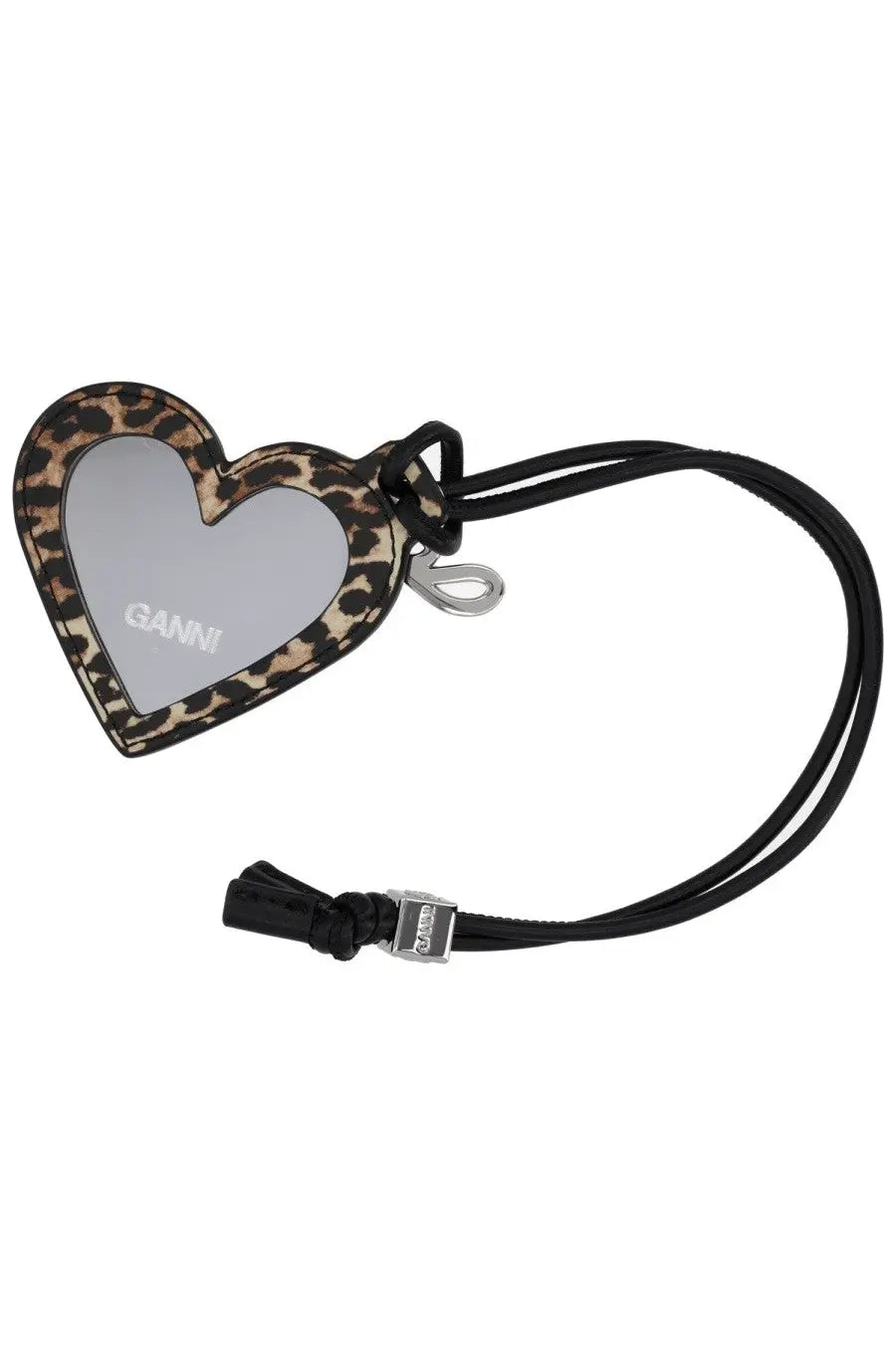 A heart-shaped mirror keychain with leopard print frame black cord featuring ganni brand name on reflective surface