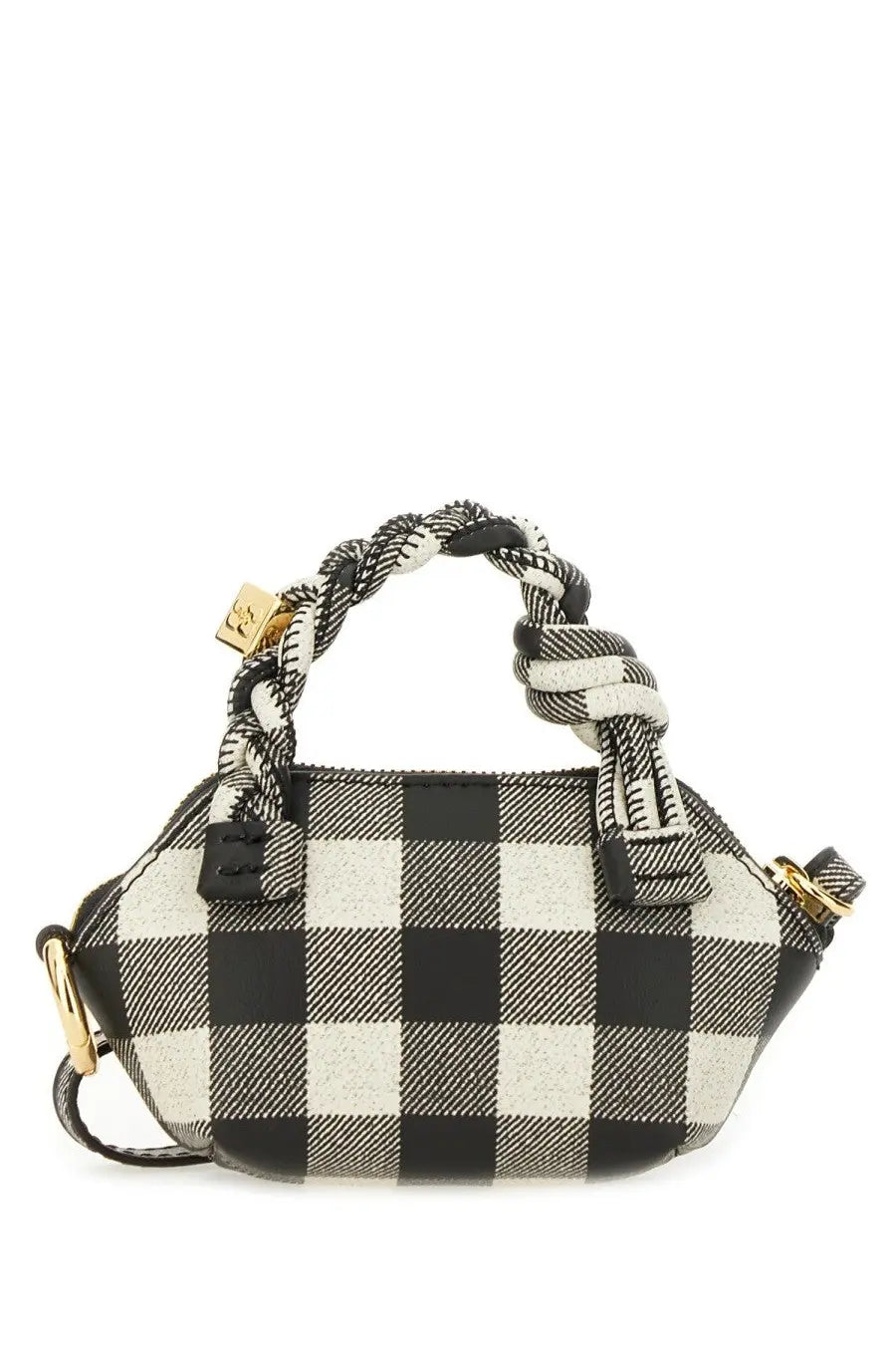 Ganni women’s bou nano vichy bag black with black and white checkered pattern braided rope handles and gold-tone hardware