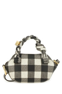 Ganni women’s bou nano vichy bag black with black and white checkered pattern braided rope handles and gold-tone hardware