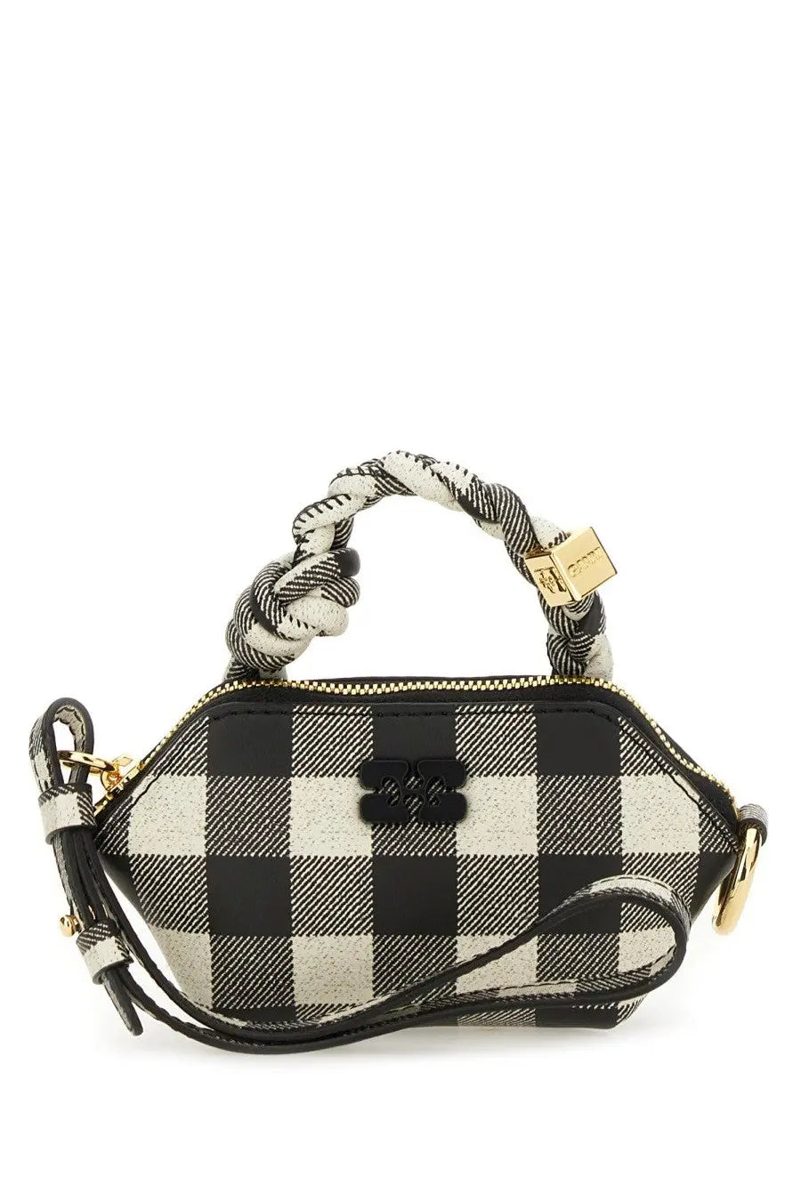 Ganni women’s bou nano vichy bag black black and white checkered mini handbag with braided fabric handle and gold hardware