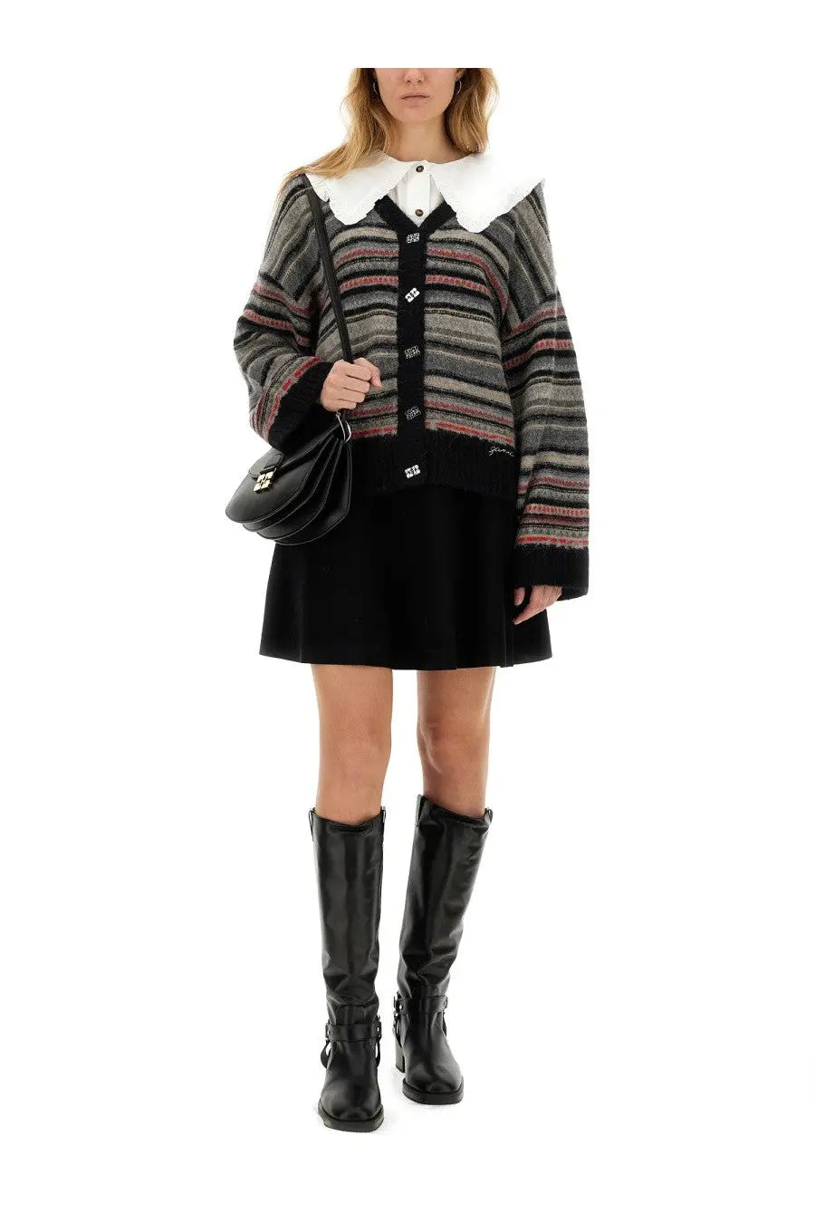 Ganni women’s boxy fit cardigan in black and gray striped knit with white collar multicolor design