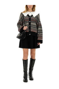 Ganni women’s boxy fit cardigan in black and gray striped knit with white collar multicolor design