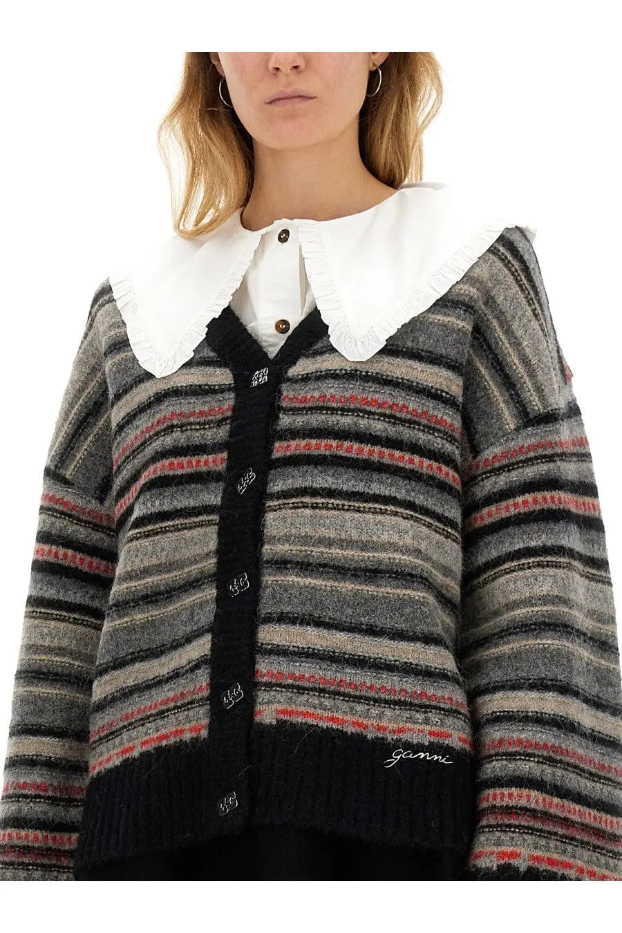 Ganni women’s boxy fit cardigan in multicolor striped knit gray black and red with white ruffled collar