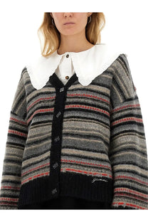 Ganni women’s boxy fit cardigan in multicolor striped knit gray black and red with white ruffled collar