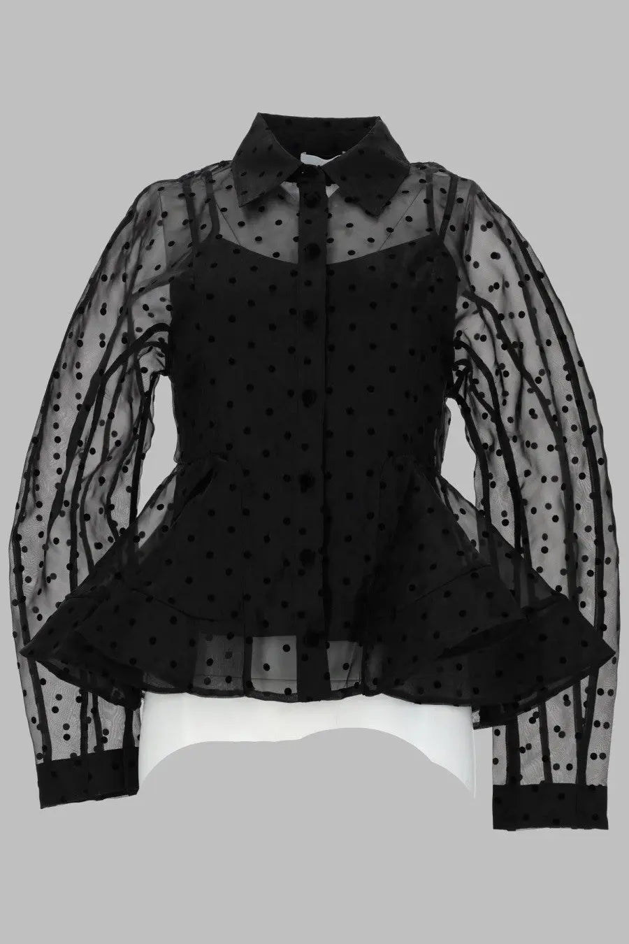 Ganni women’s black sheer organza blouse with polka dots long sleeves and peplum hem front view