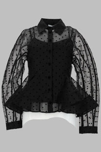 Ganni women’s black sheer organza blouse with polka dots long sleeves and peplum hem front view