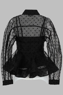 Ganni women’s camicia peplum black sheer organza blouse with polka dots structured bodice and peplum hem