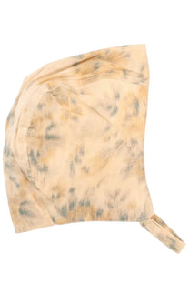 Ganni women’s cap white featuring a soft beige fabric bonnet with muted green and gray tie-dye splotches