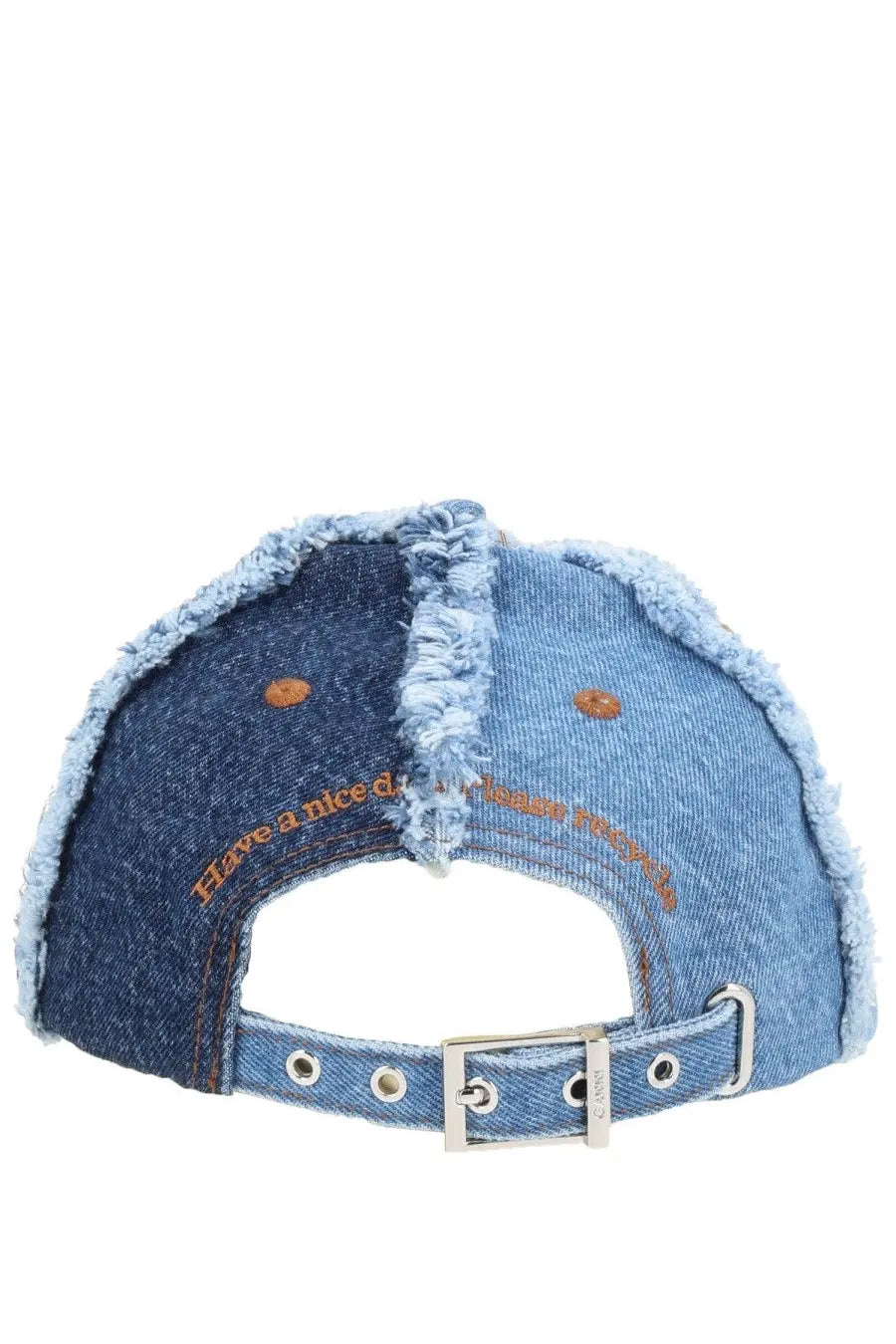 Blue denim baseball cap with frayed edges and silver buckle in ganni women’s cappello multicolor patchwork design