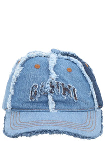 Ganni women’s denim baseball cap in light blue with distressed edges brown buttons and ganni embroidered front