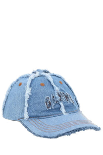 Ganni women’s light blue denim baseball cap with frayed edges and distressed gasp embroidery in multicolor patchwork