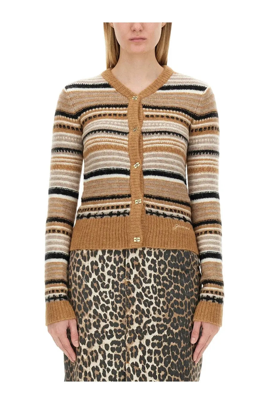 Ganni women’s beige knit cardigan with black and cream stripes and gold-tone buttons in a cozy design
