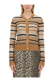 Ganni women’s beige knit cardigan with black and cream stripes and gold-tone buttons in a cozy design