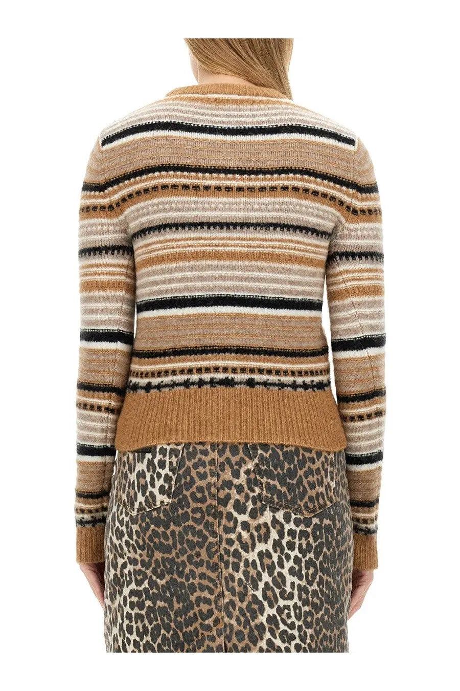 Ganni women’s cardigan beige long-sleeved knit sweater with camel beige and black stripes and subtle dotted accents
