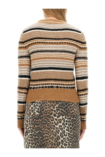 Ganni women’s cardigan beige long-sleeved knit sweater with camel beige and black stripes and subtle dotted accents