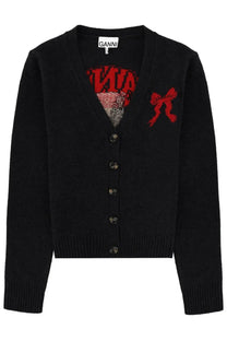 Black ganni cardigan with bold red embroidered graphic on chest and sleeve in ganni women’s cardigan grey product line