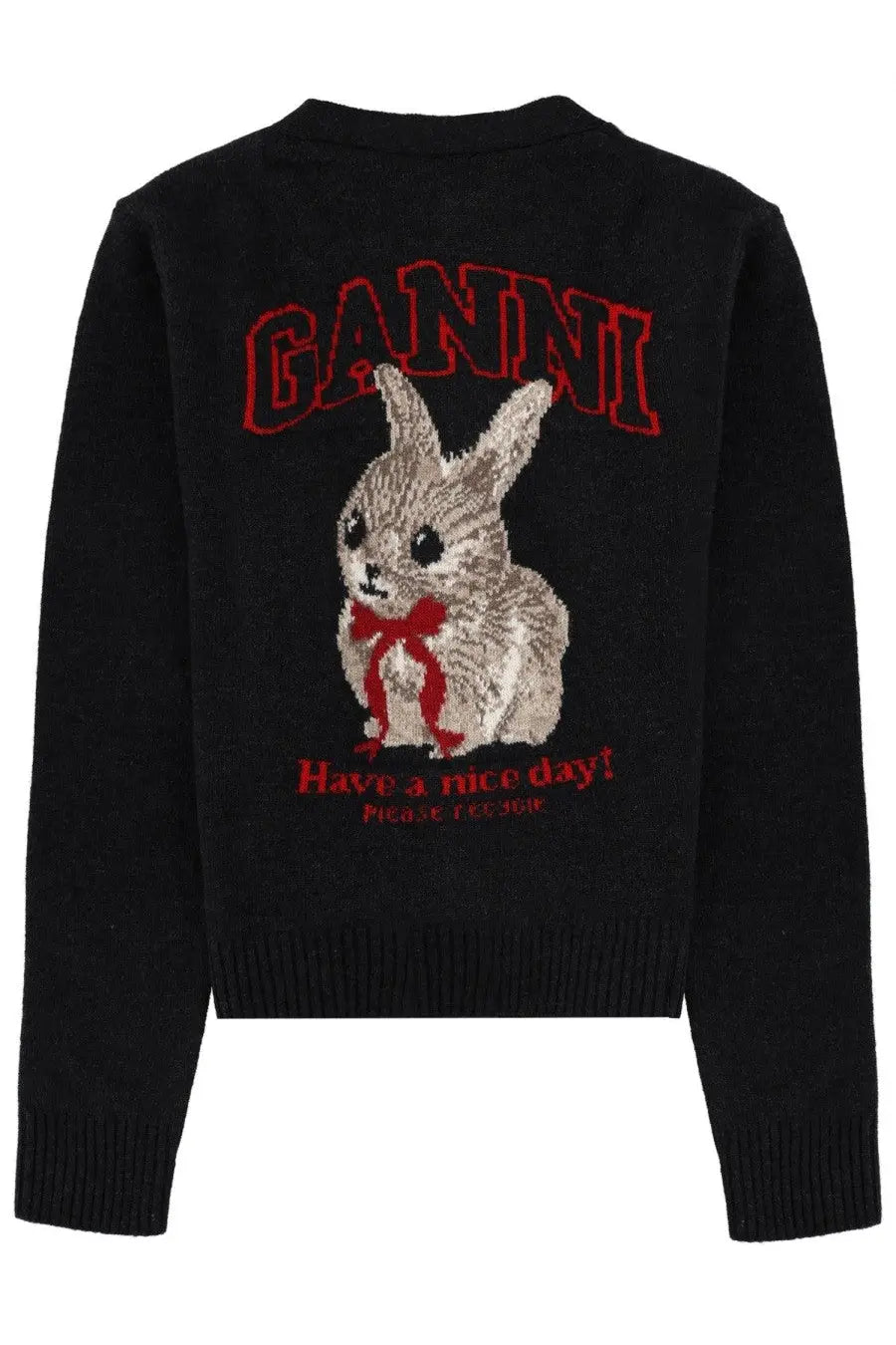 Ganni womens grey cardigan with black sweater featuring a sequined bunny with red bow and red logo lettering above