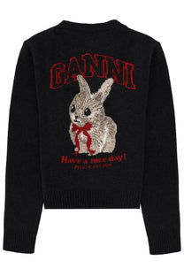 Ganni womens grey cardigan with black sweater featuring a sequined bunny with red bow and red logo lettering above