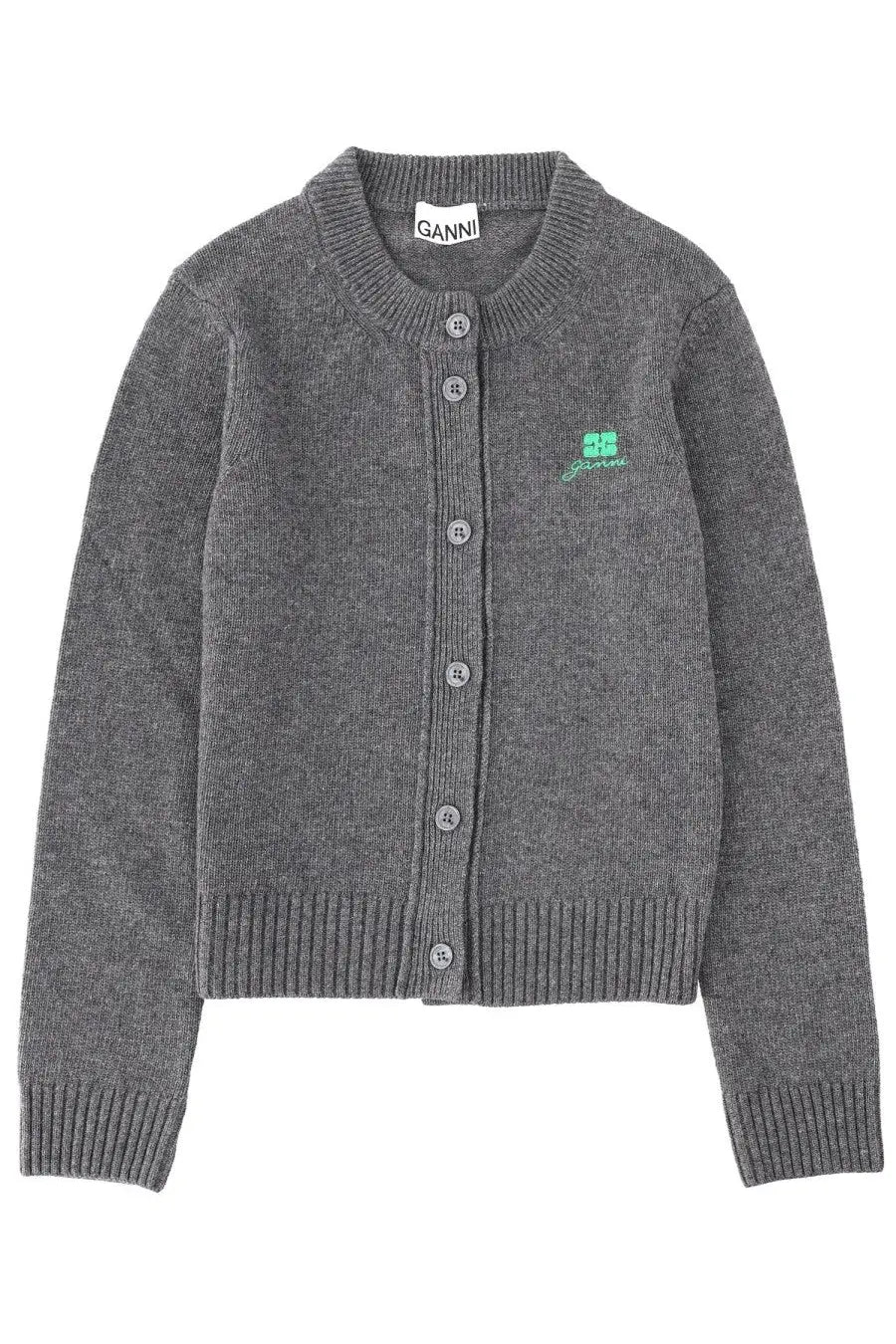 Ganni women’s grey cardigan with ribbed knit texture button front and subtle green chest embroidery