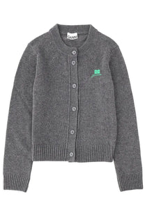Ganni women’s grey cardigan with ribbed knit texture button front and subtle green chest embroidery