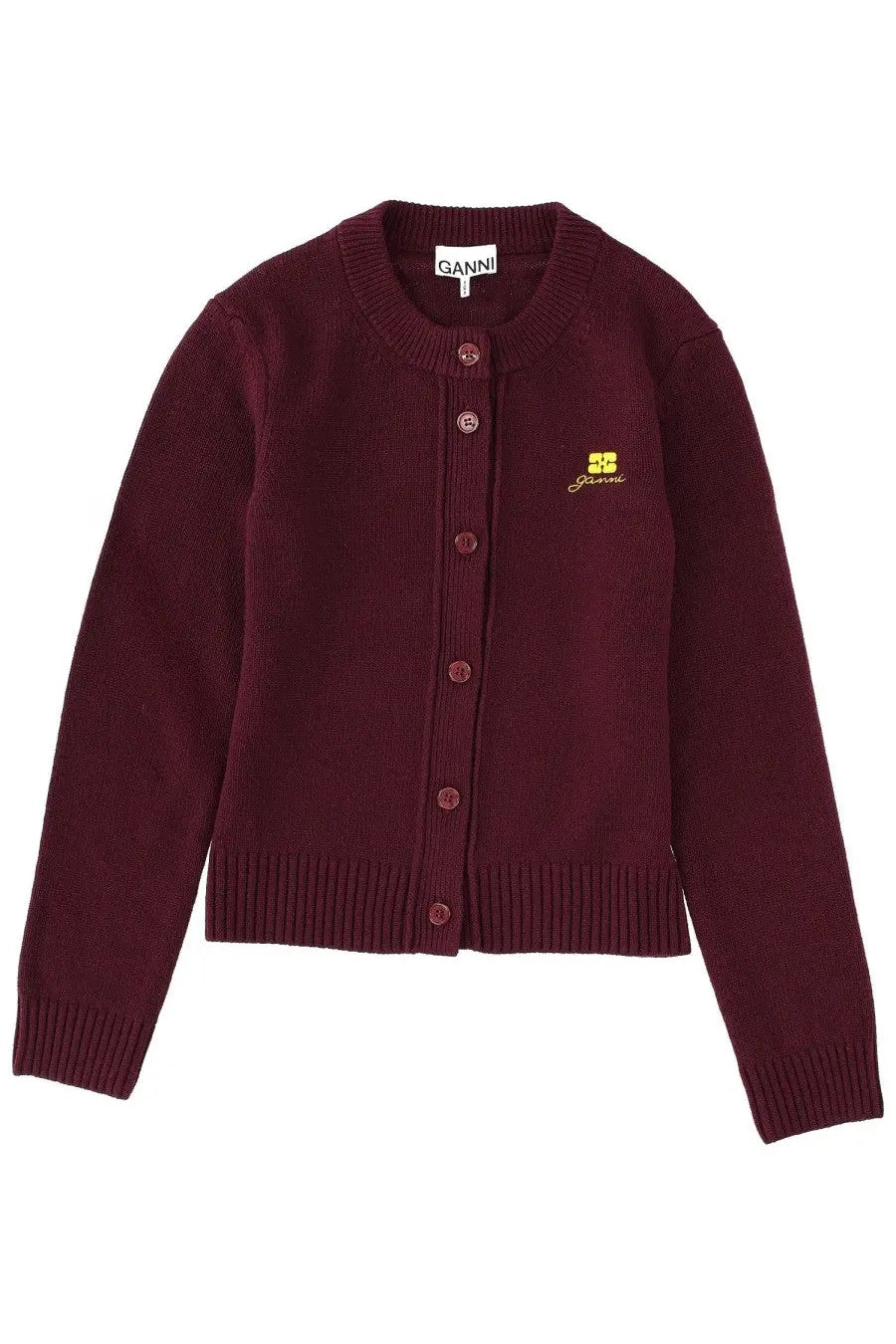 Ganni women’s maroon cardigan with button closure and embroidered logo on the left chest for stylish layering