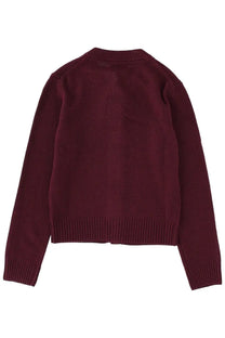 Maroon knit Ganni women’s cardigan with ribbed cuffs and hem perfect for layering in cooler weather