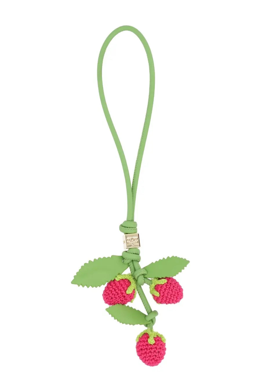 Ganni women’s charm raspberry flower multicolor featuring a vibrant pink crocheted raspberry with green leaves on a leather strap