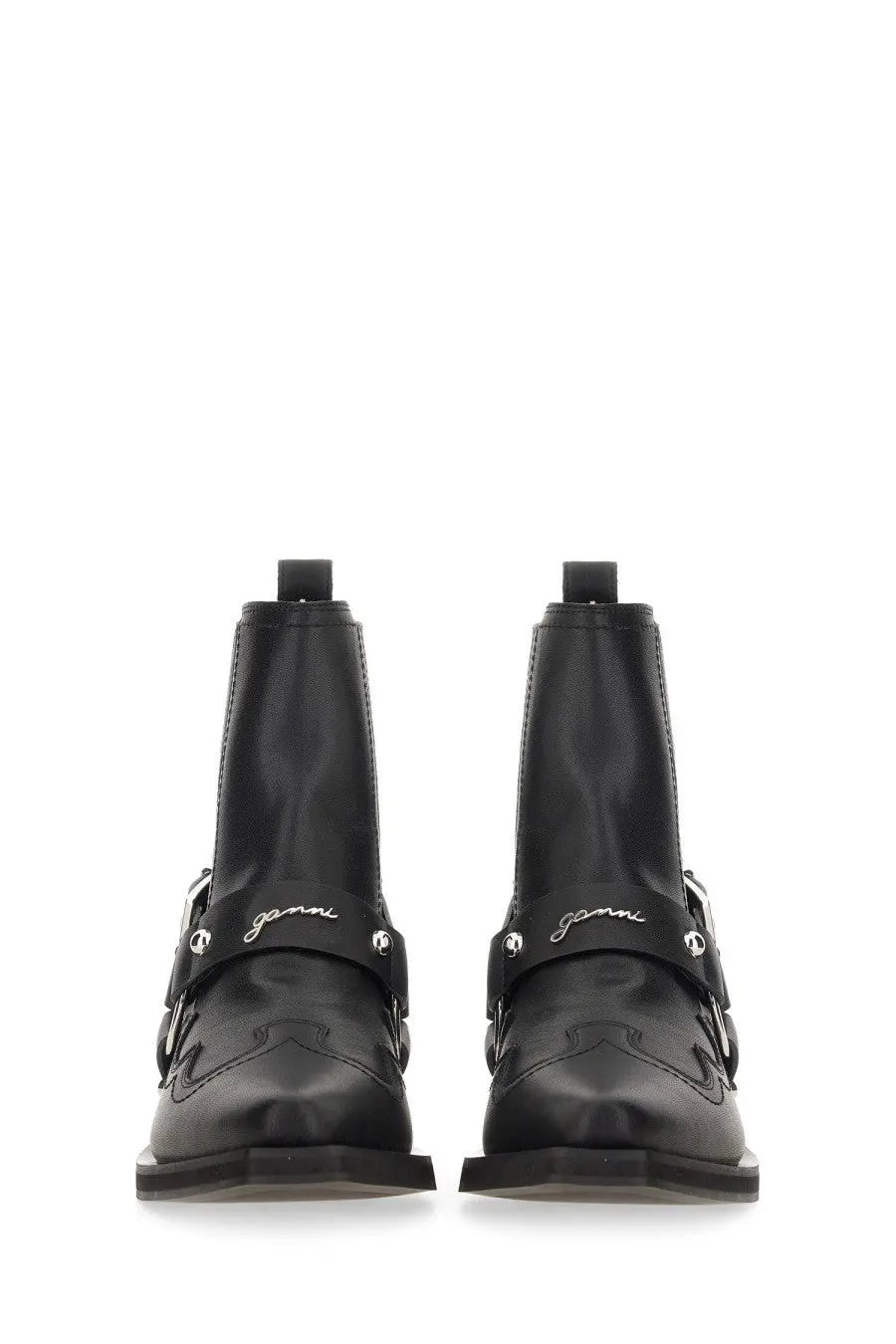 Black ganni womens chelsea western fitted ankle boots in patent leather with silver-tone buckle detailing