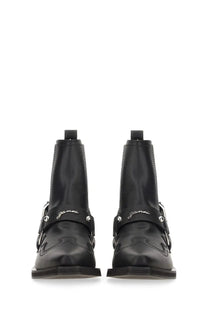 Black ganni womens chelsea western fitted ankle boots in patent leather with silver-tone buckle detailing