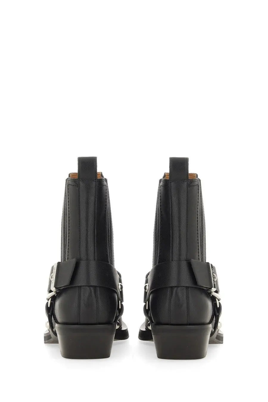 Ganni women’s chelsea western fitted boot black black leather ankle boots with matte finish and silver buckle details