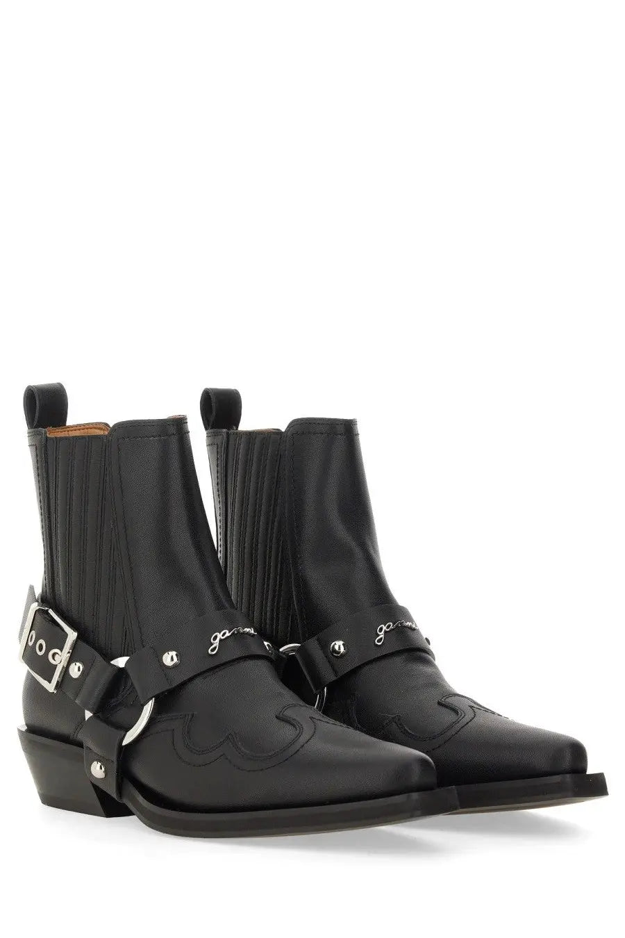Black leather ganni women’s chelsea western fitted boots with silver buckle straps and embossed logo detailing